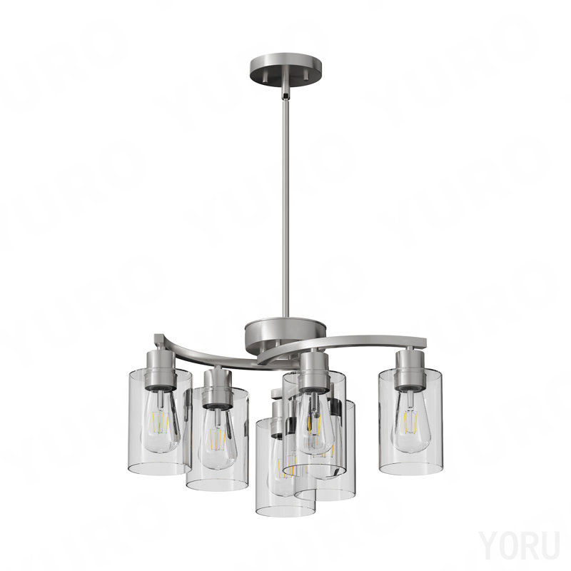 Lustres en nickel brossé 6 lumières pour la salle à manger au-dessus de la table, luminaire suspendu industriel à hauteur réglable pour la chambre de l'îlot de cuisine, abat-jour en verre transparent