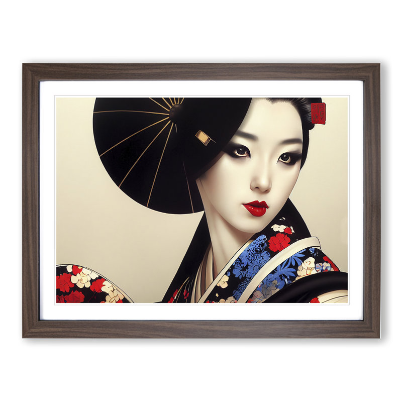 Charming Geisha - Single Picture Frame Print, 46cm H x 64cm W x 2cm D, Walnut