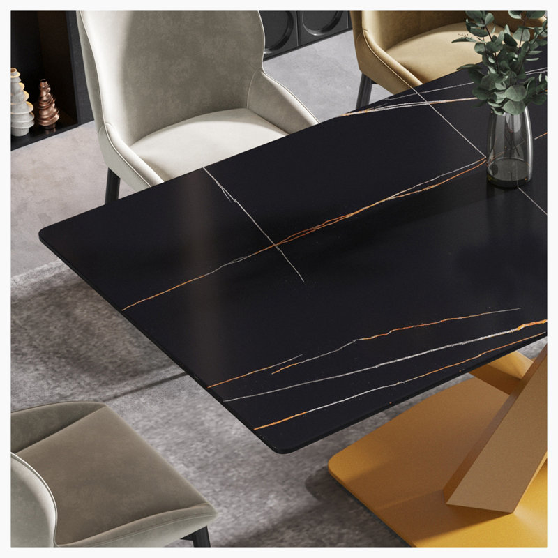 Sintered Stone Dining Table, Black, Gold, 29.53” H x 70.9" W x 35.4" D