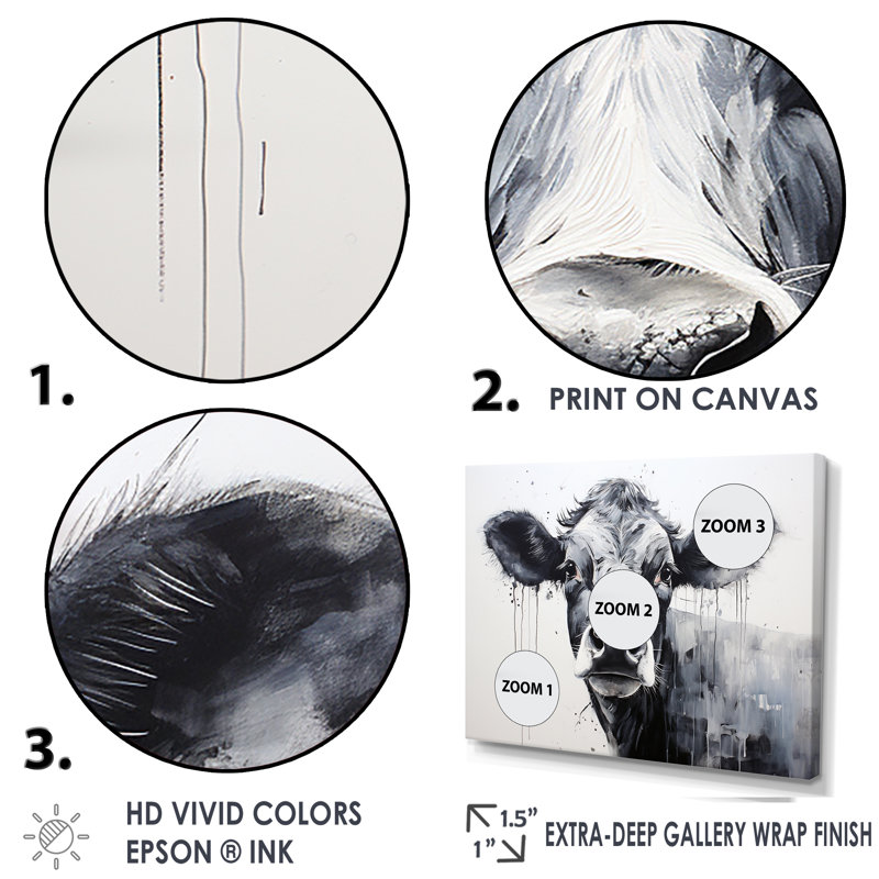 Minimalisme noir et blanc «I» - Vache, art mural, H 16 po x l 32 po x P 1 po, Cadre argenté