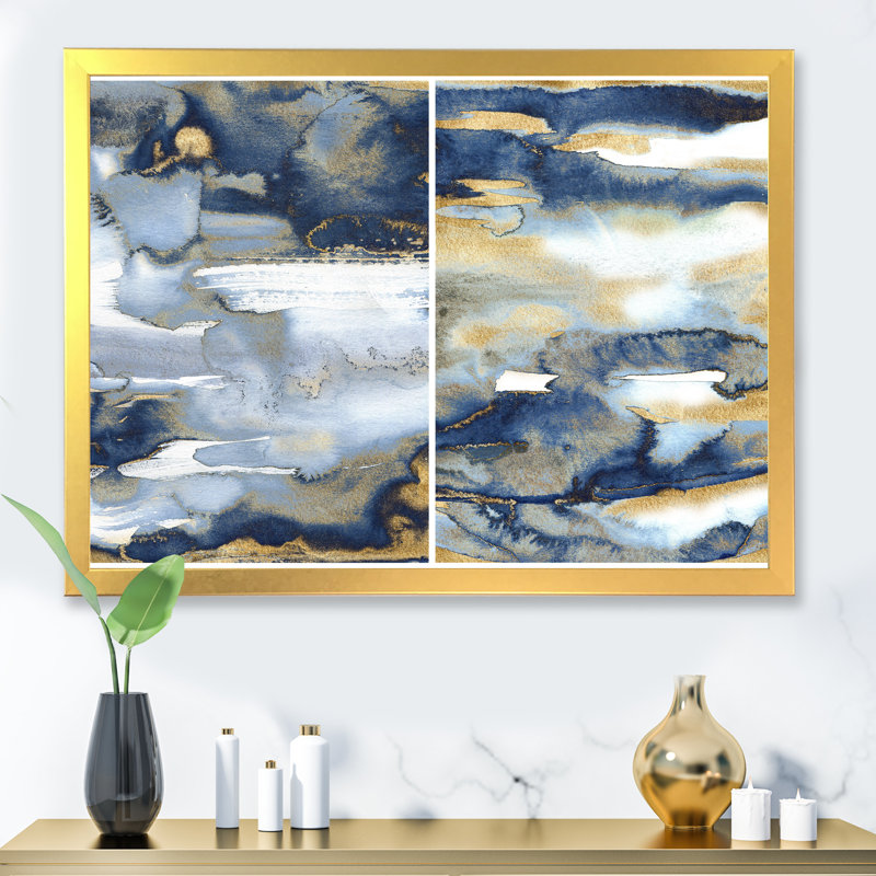 Bleu foncé et or abstrait II - cadre flottant, peinture sur toile, Toile encadrée d'or, H 30 po x l 40 po x 1,5 po