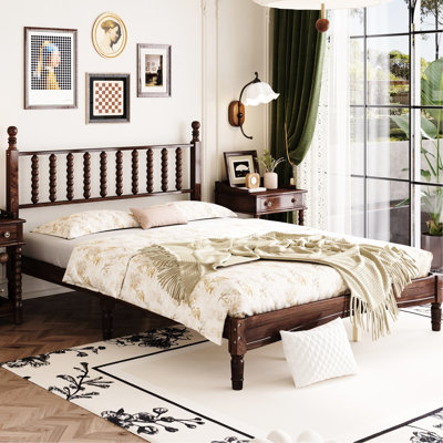 Walnut Finish Queen Size Bed, Gourd Shaped Headboard, Retro Platform Style Bed With Style, Platform, Durability
