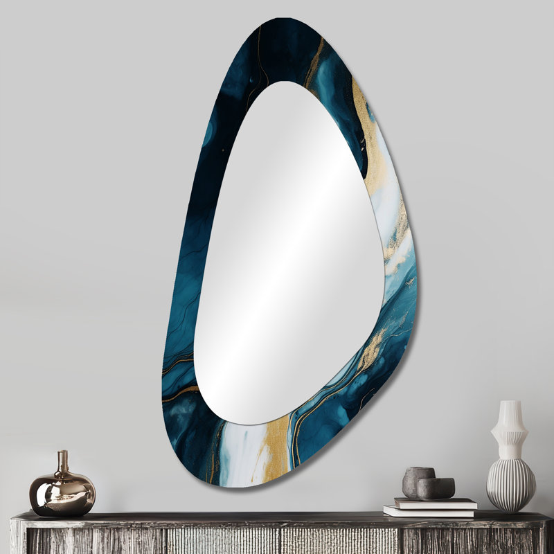 Wellingborough Gold and blue Abstract marble paint I - Marble Unique Shape Wall Mirror, Gold Asymmetrical Decorative Mirror, Printed Metal Art