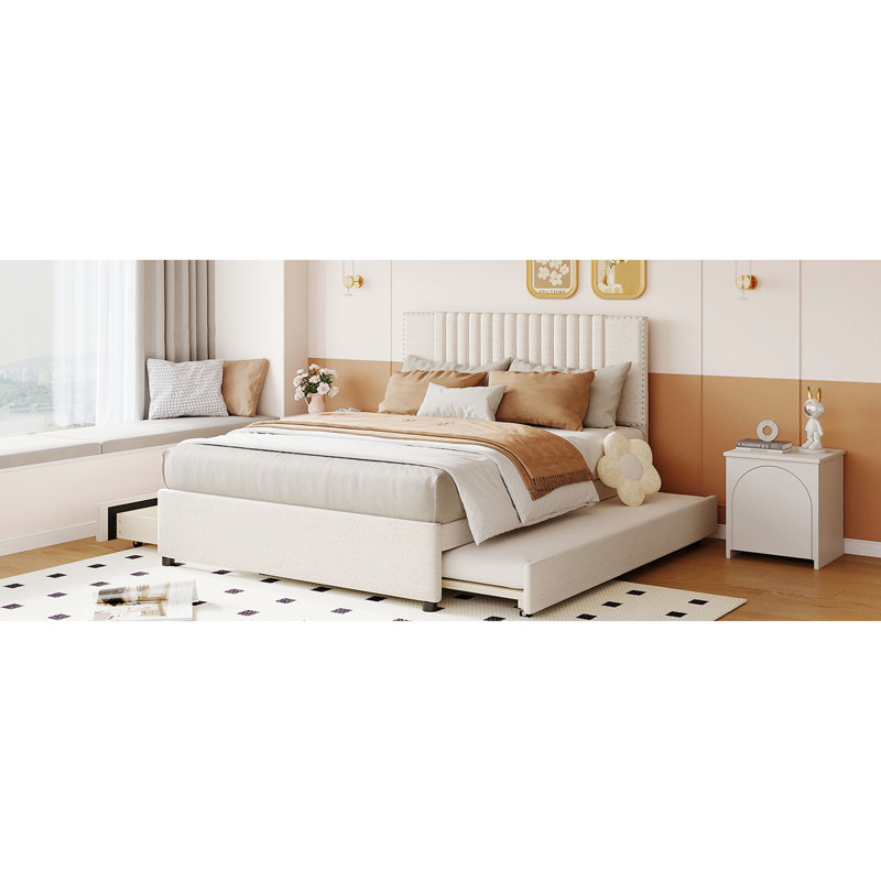 Lit plateforme tapissier beige avec 2 tiroirs et un lit gigogne, style tête de lit classique, matériau solide et contreplaqué, optimise l'efficacité de l'espace, tête de lit à assemblage simple, contreplaqué, extensible