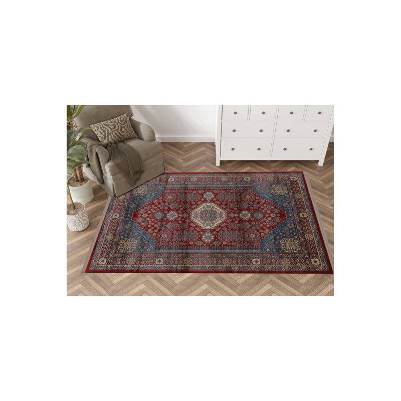 Tapis décoratif lavable à la machine rétro à motif traditionnel rouge et bleu