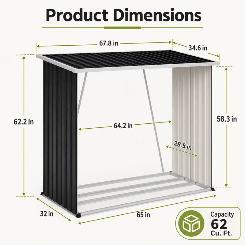 62 cu. Pi. Remise de rangement pour l'extérieur en bois avec cadre de plancher surélevé, toit incliné et façade ouverte, noir