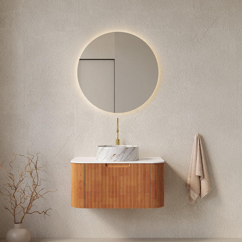 Meuble-lavabo de salle de bain Dina 30 po avec lavabo, meuble de rangement mural à bords arrondis flottants avec tiroir Dina, lavabo rond en céramique blanc avec motif de pierre, pré-assemblé, grain de bois Natura