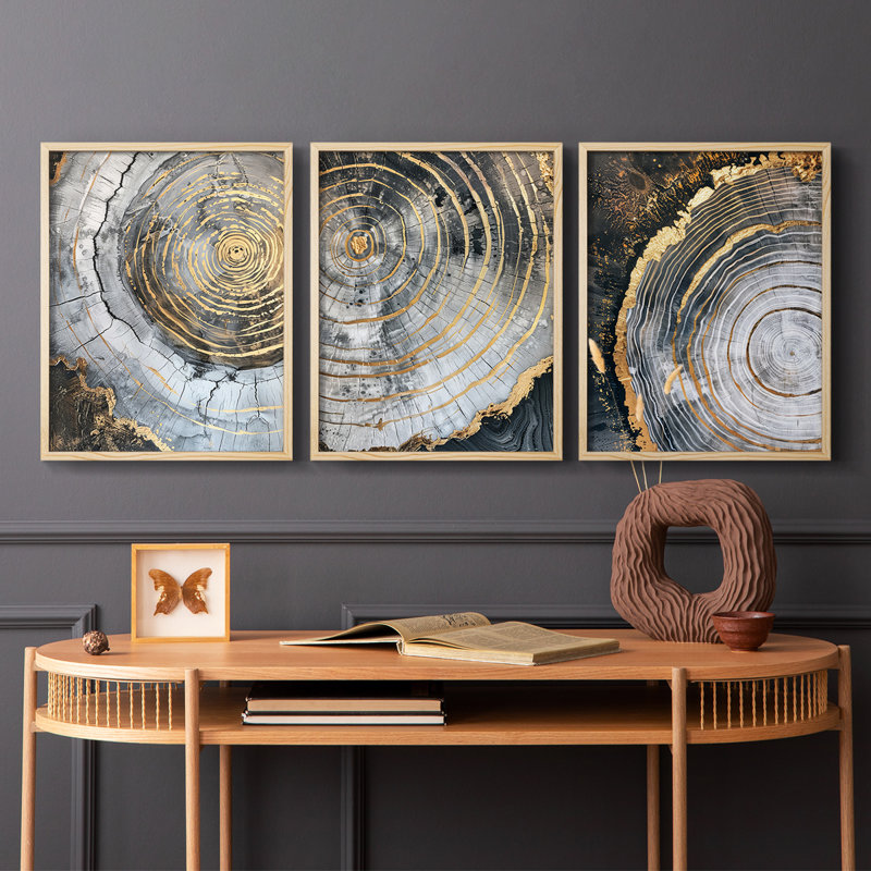 Abstract  Series  LXIII  -Set Of 3 Framed Giclee Prints -Ready to Hang, 28" H x 22" W, Natural Framed