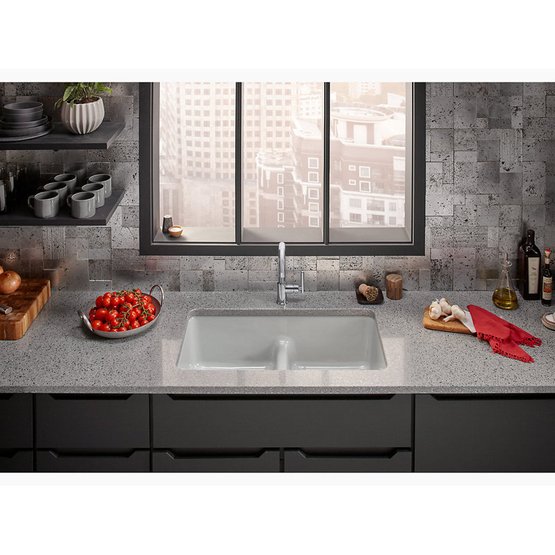 IronTones Kohler 33" L x 18.75" W Drop-in Smart Divide Double-Equal Kitchen Sink, Blanc