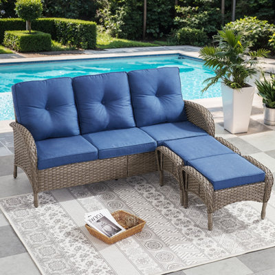 Keywest Patio Outdoor PE Wicker Sofa Sectional With Ottoman With Cushions by Winston Porter