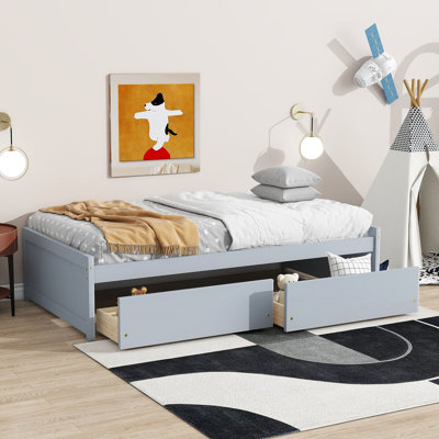 Lit simple avec 2 tiroirs, lit en bois d'hévéa massif