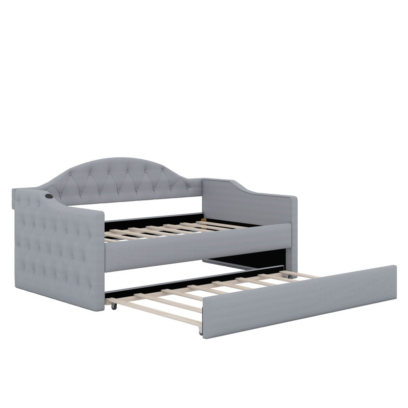 Harlowe Twin Size Tufted Velvet Upholstered Daybed With Trundle, USB & Type-C Charging Port, Gray