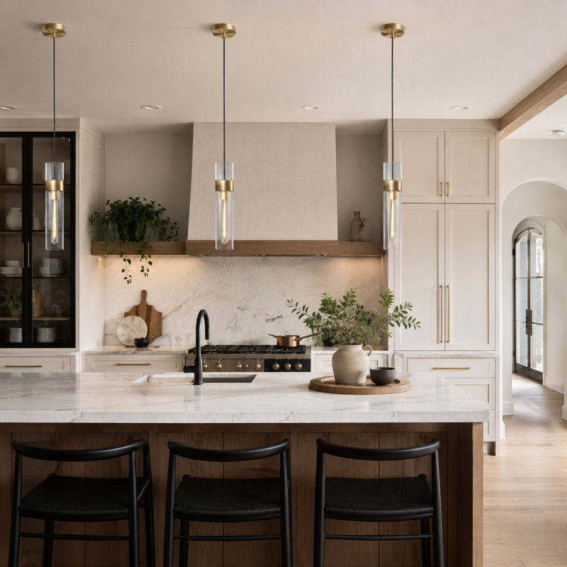 1 - Light Kitchen Island Single Pendant, Brass