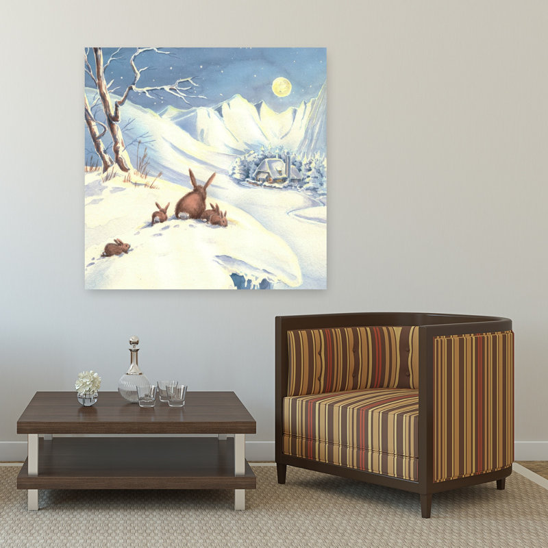 Snowy Night Rabbit Family Peaceful Abstract Rabbit Forest Landscape Wall Art Print by Renate Holzner - Wrapped Canvas Print
