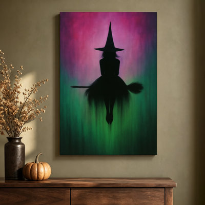 Silhouette de sorcière sur un balai, tableau abstrait numérique sur toile tendue sur châssis, 61 cm (H) x 91 cm (L), prêt à accrocher.