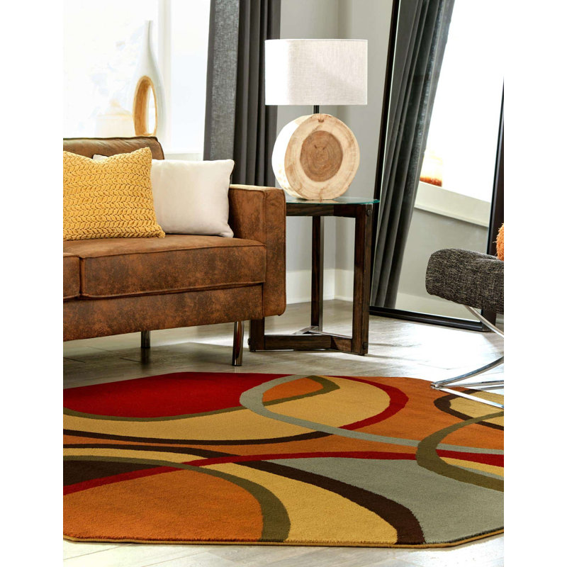 Cafe Performance Brown/Red/Gray Rug, Octagon 7' x 7'