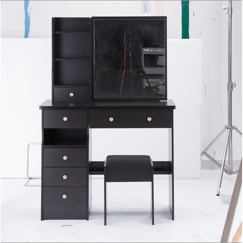 Meuble-lavabo de 37 po de taille moyenne avec tiroir à gauche et tabouret rembourré, très grand miroir coulissant à droite, rangement multi-couches à grande capacité, commode pratique et pratique, convient aux grands espaces