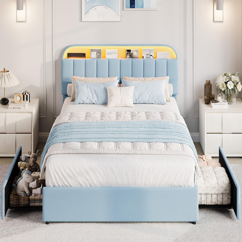 Grand / double / simple lit en velours avec tête de lit réglable et rangement à 2 tiroirs avec plateforme et sommier sans assemblage facile pour la chambre à coucher