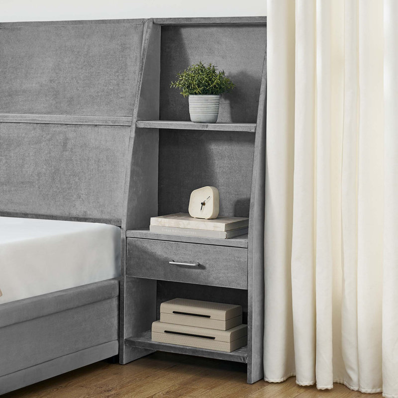Base de lit plateforme avec rangement moderne avec tête de lit en velours brillant et tablettes intégrées, Gris