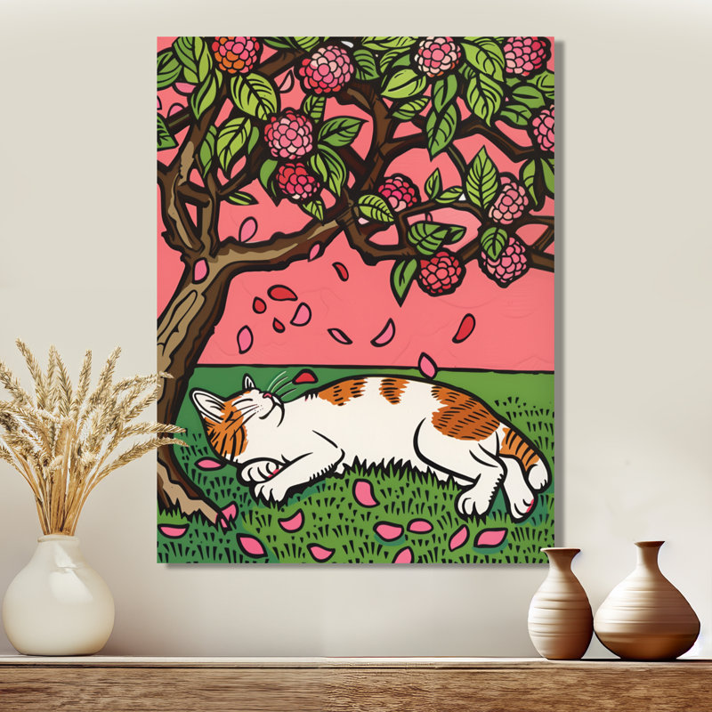 Chat dormant sous un arbre en fleurs de cerisier, H 20 po x l 12 po x P 1 po, Toile tendue