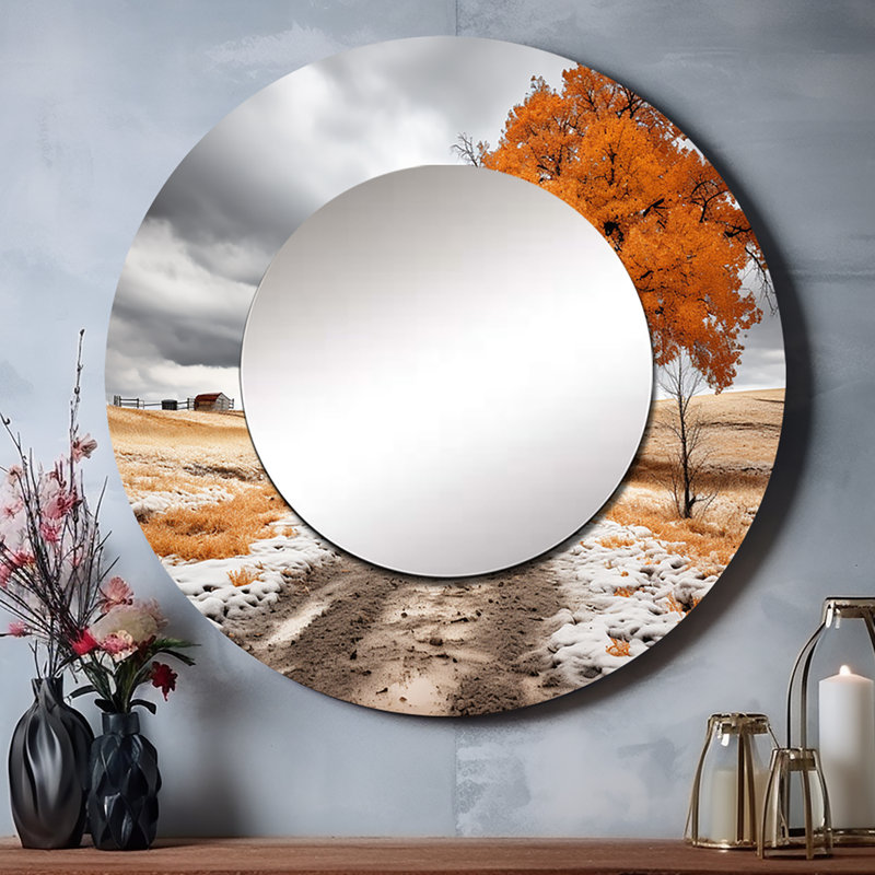 Farmhouse orange et gris harmonie - miroir de ferme, miroir mural rond jaune unique, impression d'art en métal, 29 po x 29 po