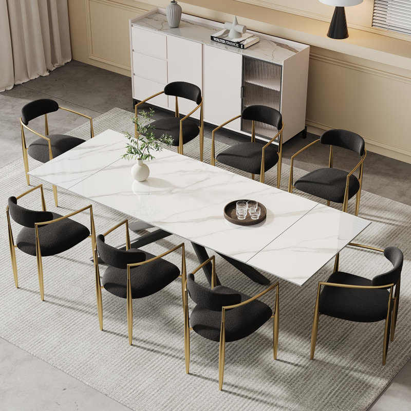 Ensemble de salle à manger rectangulaire avec chaises en tissu 70,8 "à 102,3" Louina, Noir / or, Snow Mountain White, 9