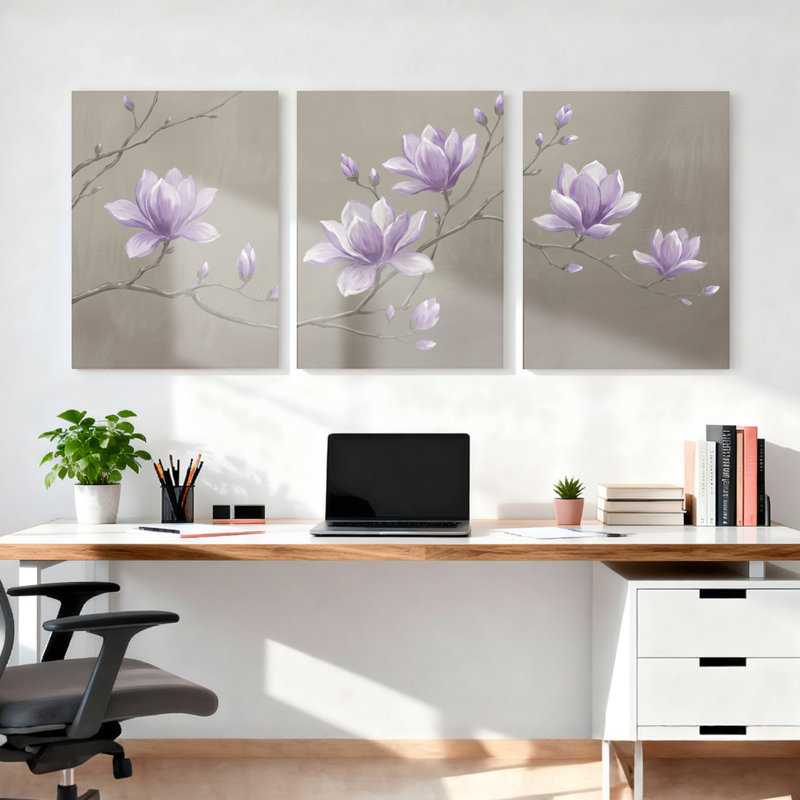 Mauve fleur de magnolia sur toile tendue, ensemble de 3 reproductions de peintures à l'huile pour salon, H 24 po x l 48 po