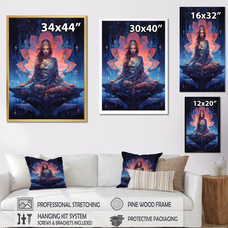 Bleu, yoga, lotus rose, femme, H 32 po x l 16 po, Cadre flottant noir