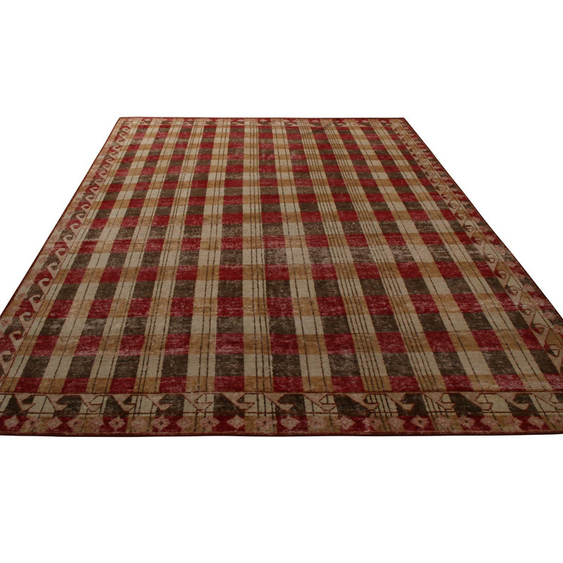 Rug & Kilim's Homage Geometric Beige Brown And Red Wool Custom Rug, Rectangle 10' x 14'