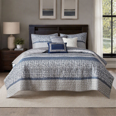 Ensemble de courtepointe réversible 6 pièces en jacquard avec coussins décoratifs - Bleu marine - King/Cal King