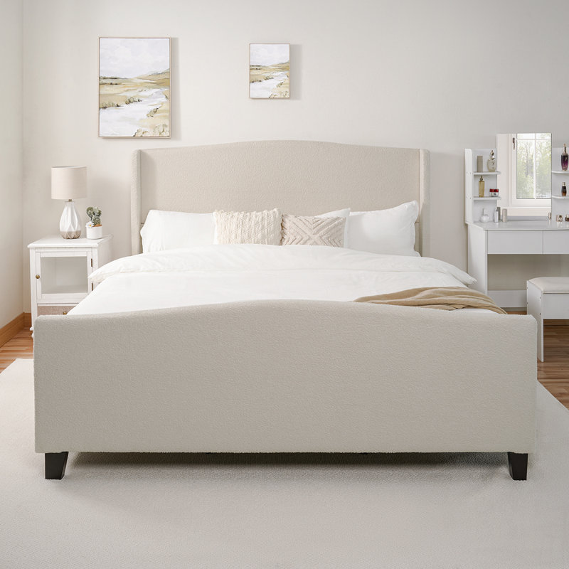 Bed Frame with High Back Upholstered Headboard, King, White