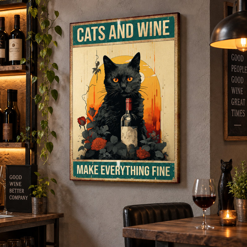 Art mural sur toile «Cats and Wine Make Fine» - Décoration de salon, de chambre à coucher ou de bureau, L 40 po x H 60 po