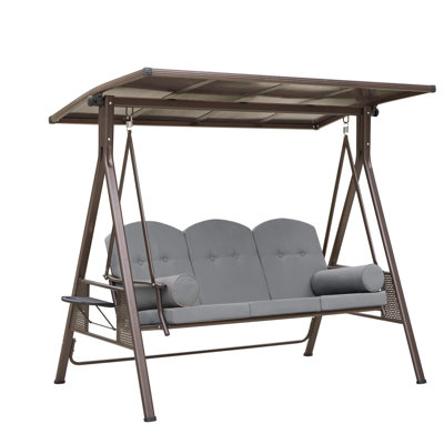 Patio Porch Swing With Adjustable PVC Hardtop Canopy And Cup Holder
