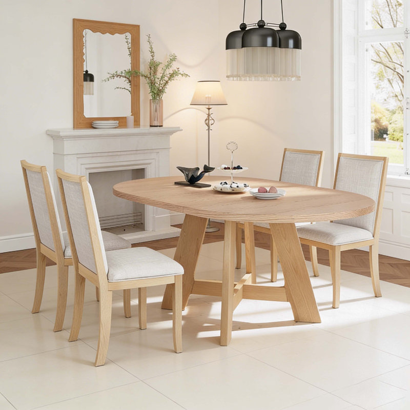 Farmhouse Extendable Round Dining Table Set for 4, Kitchen Table Set with 18inch Removable Leaf and 4 Upholstered Dining Chairs for Small Places, 5-Piece