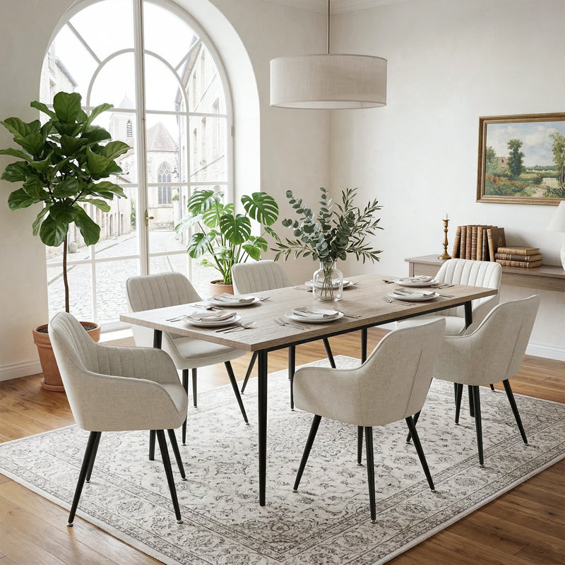 Modern Upholstered Dining Chairs with Arms, Fabric Dining Armchairs with Padded Seat & Metal Legs, Beige