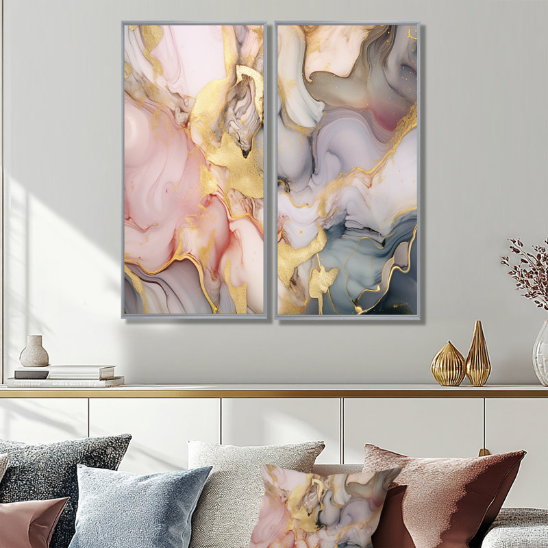 Gris et rose, art à l'encre liquide tendre I - décoration murale moderne verte, 20" H x 24" W, Silver