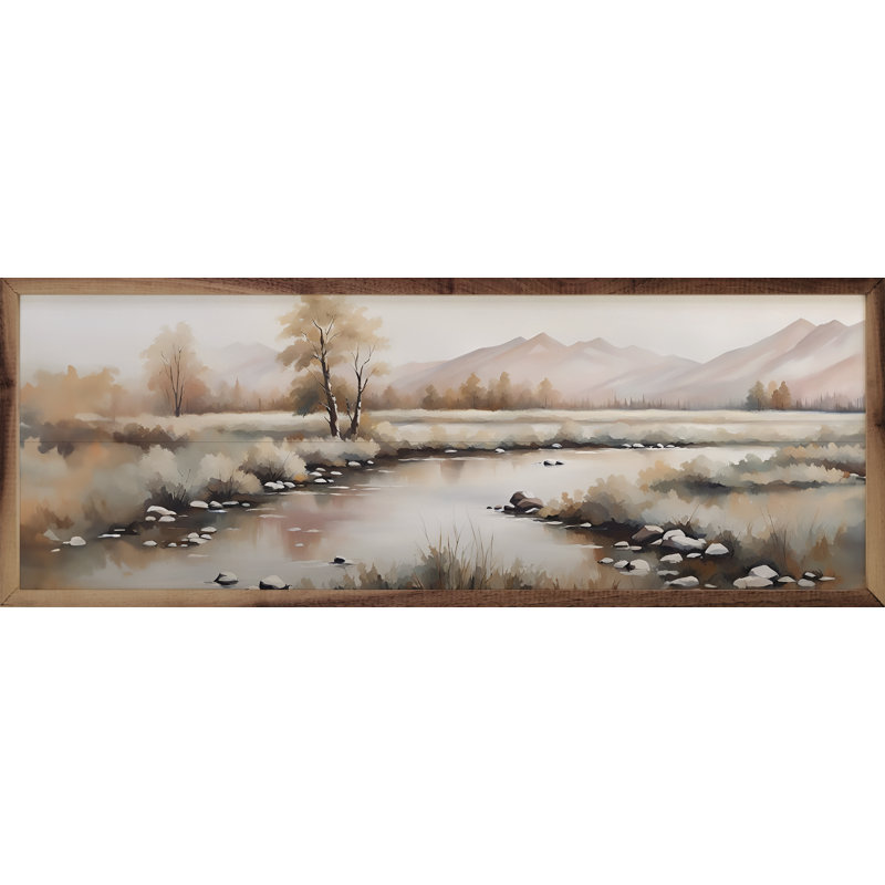 Ruisseau avec montagnes encadrées sur bois, H 16 po x l 48 po