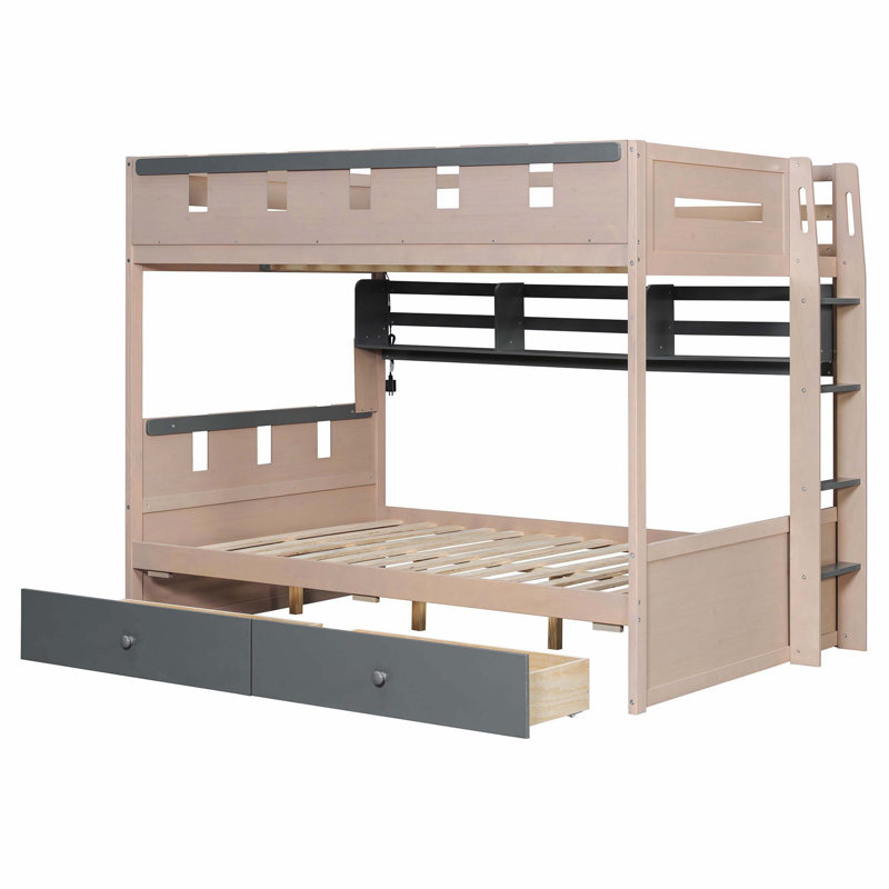 Lit superposé gris de style château avec 2 tiroirs, tablette et lumières DEL, Lit double, Gris