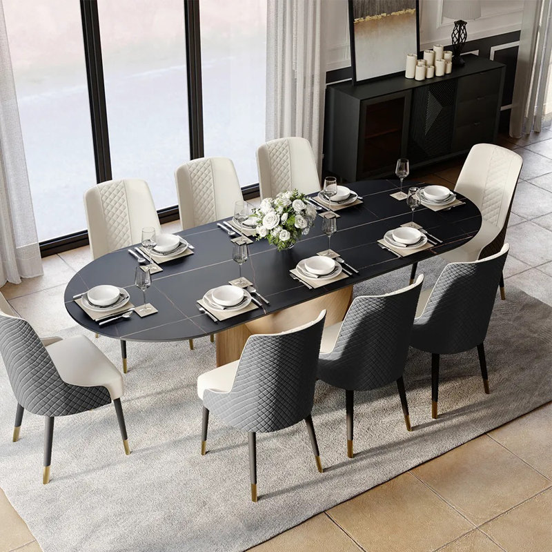 Modern Minimalist Oval Dining Table with Sintered Stone Tabletop & U-Shaped Leg for 6 to 8, Perfect for Kitchen and Living Room