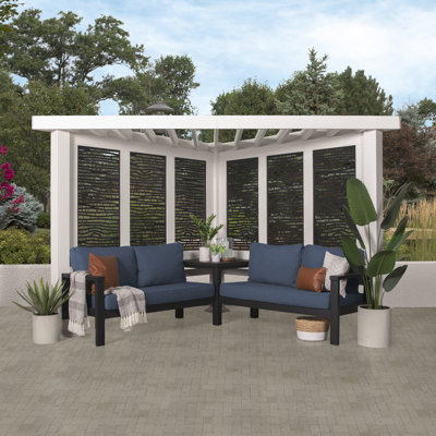 Backyard Discovery Ridgedale 12' x 8' Modern Galvanized Steel Cabana Corner Pergola with Shade Sail Canopy and Conversation Seating