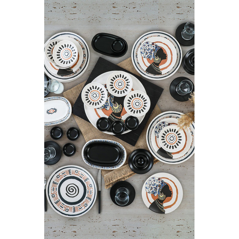 Elegant 50-Piece Breakfast Set, 100% Ceramic Stoneware | Non-Absorbent, Antibacterial, Eco-Friendly | Includes Plates, Bowls, Egg Cups, and Tea Glasses | Stylish Black, Grey, White & Orange Design | Easy to Clean, Not Microwave/Dishwasher Safe