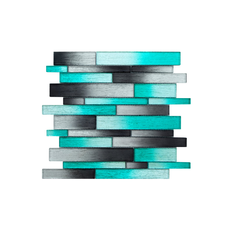 Foil Random Sized Interlocking Glass Mosaic Tile, Aqua Blue/Dark Gray