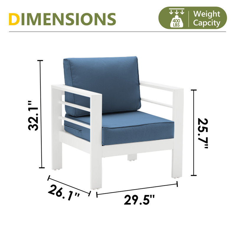 Bellewood 29.5" W Aluminum Patio Club Chairs, White Frame/Blue Cushion