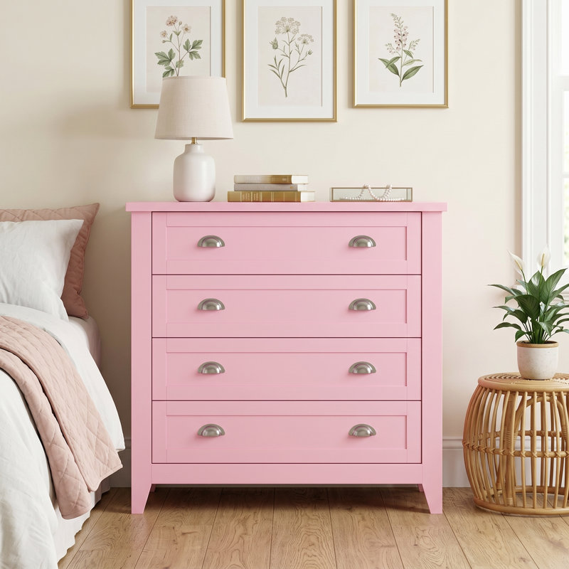  Modern 4-Drawer Pink Dresser With Metal Handles, Spacious Storage Cabinet With Anti-Tip Device For Bedroom, Nursery Or Living Room
