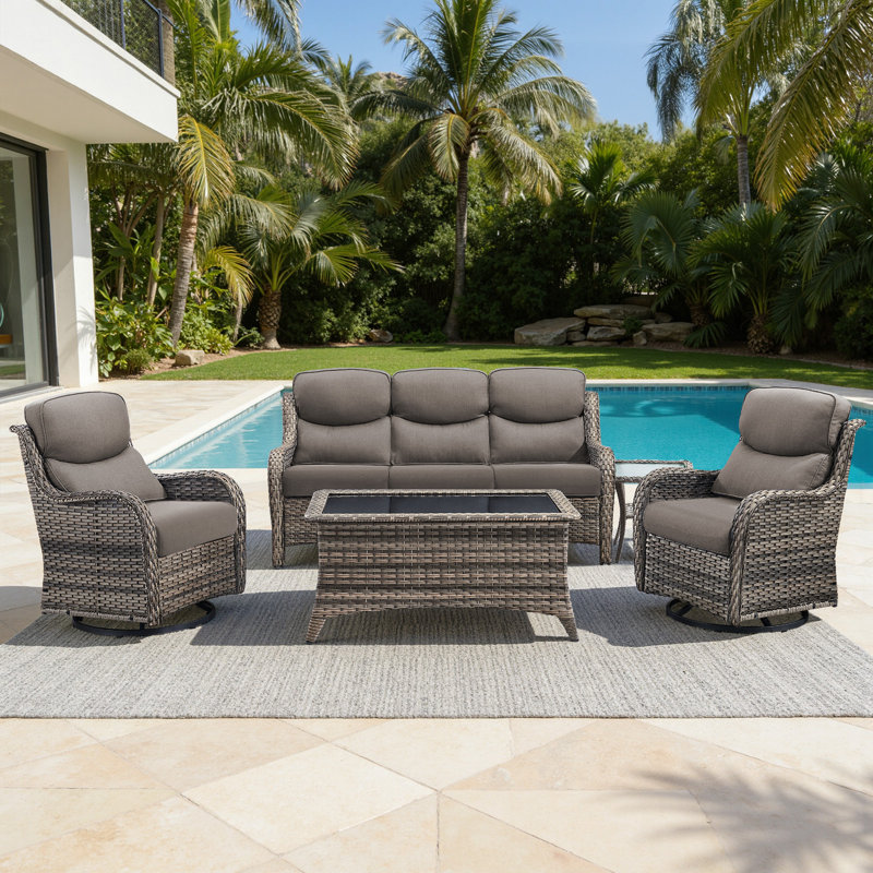 5 - Person Handwoven Wicker Patio Conversation Set With Swivel Glider Chairs & Side Table, 5" Olefin Cushions, Gray, Gray