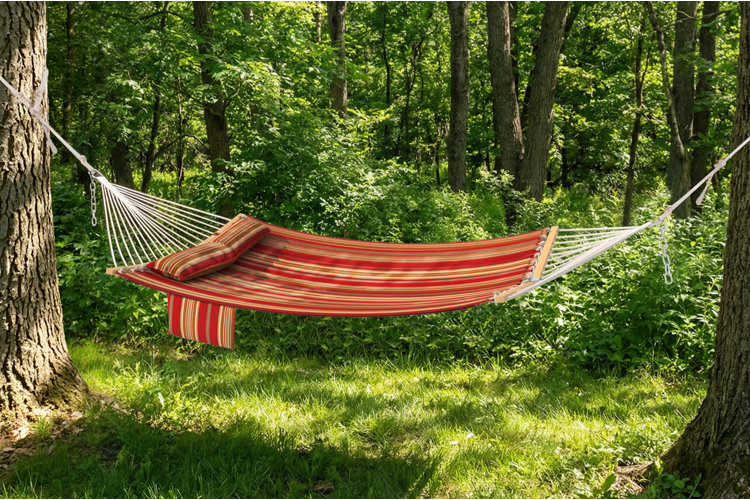 striped backyard hammock hung between two trees