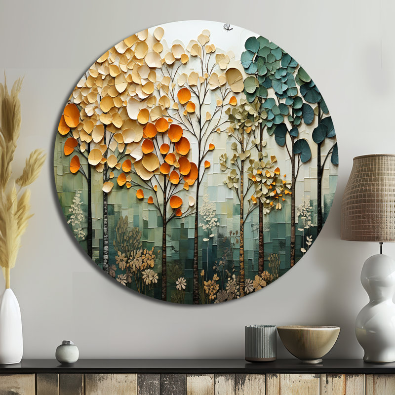 Toile orange, arbres verts, patchwork I - paysages d'art rond en métal, 16" H x 16" W