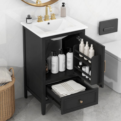 Meuble-lavabo de 20 po avec lavabo, armoire de salle de bain avec deux portes, tablette de porte et patins réglables, tiroir, noir