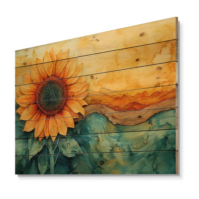 Champ de tournesols au lever du soleil, rivière du désert I - Décoration murale en bois de tournesols - sur bois de pin naturel