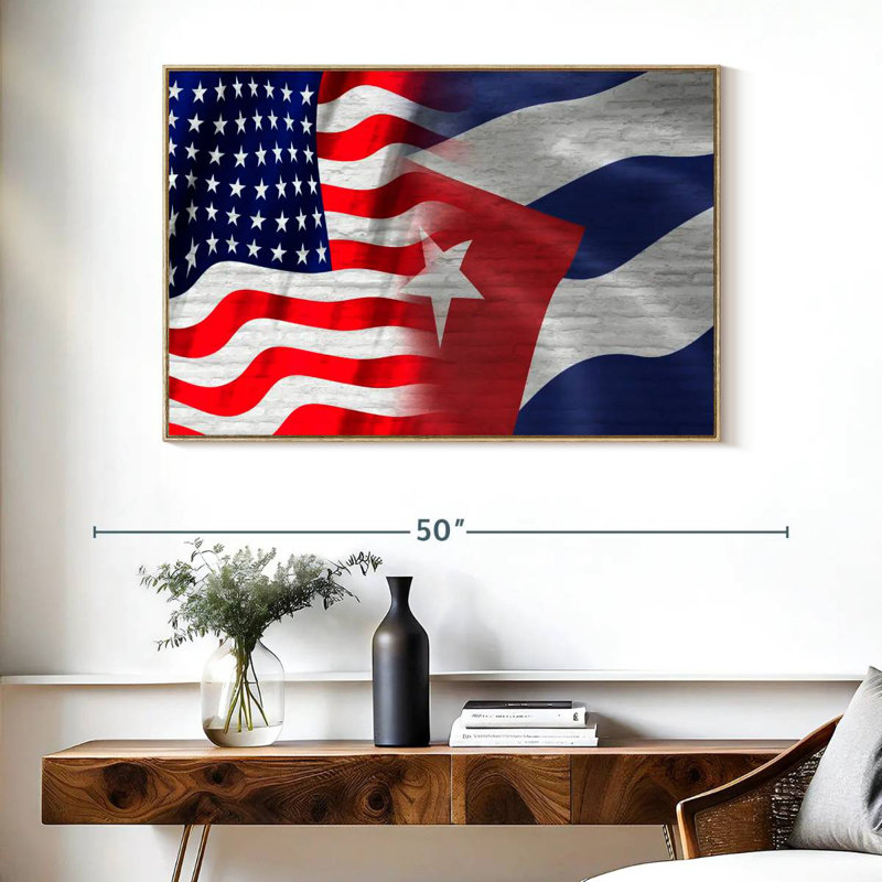Drapeau américain et cubain, Cadre flottant en bois naturel, 40 po x 27 po